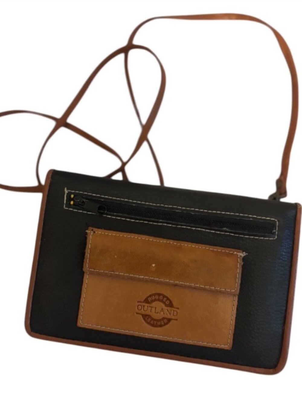 Vintage Outland Rugged Leather Crossbody Small Wallet Purse Navy & Brown